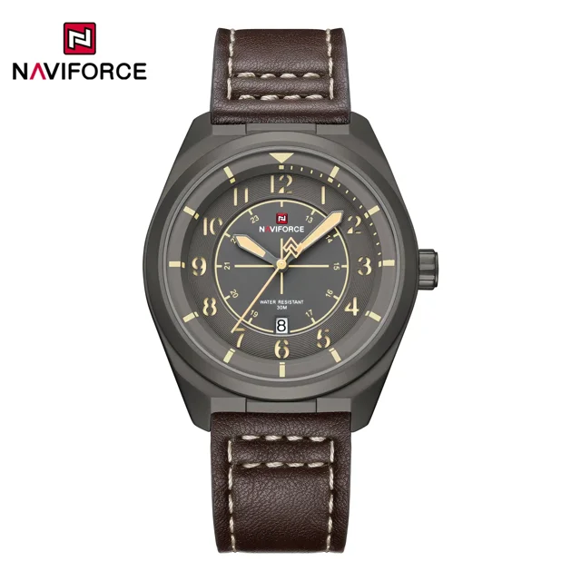 ساعت مچی مردانه Naviforce مدل NF9281 | بند چرم قهوه ای، صفحه خاکستری، قاب خاکستری | اسپرت و مقاوم