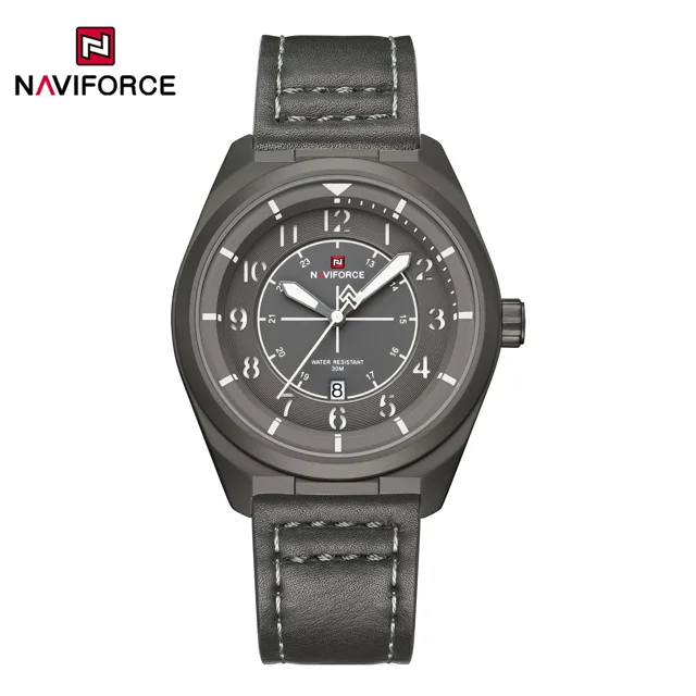 ساعت مچی مردانه Naviforce مدل NF9281 | بند چرم خاکستری، صفحه خاکستری، قاب خاکستری | اسپرت و مقاوم