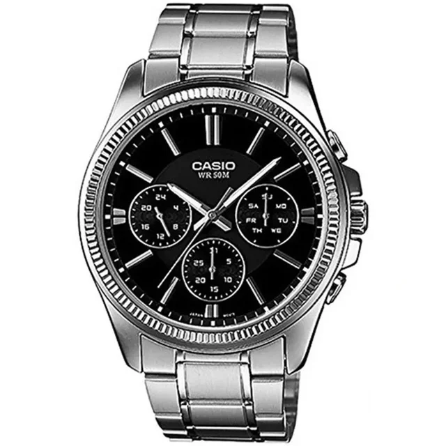 ساعت مچی مردانه Casio مدل MTP-1375D-1AVDF | بند استیل نقرهای با صفحه مشکی| سه موتور فعال