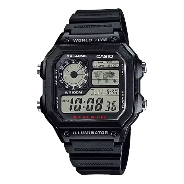 ساعت مچی مردانه Casio مدل AE-1200WH-1AV | بند رزینی مشکی، دیجیتال | چند زمانه و مقاوم